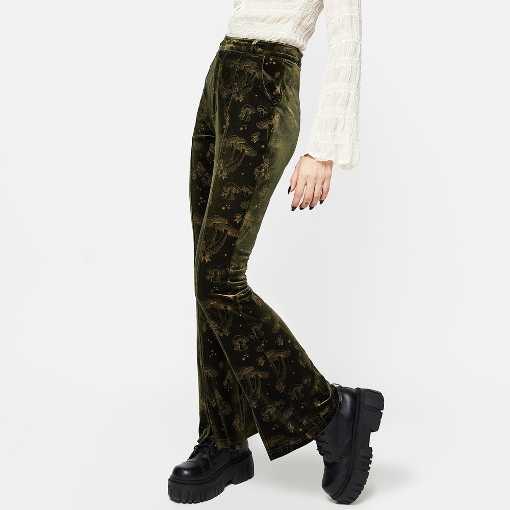 Olive Green Velvet Flared Pants with gold foil mushroom print